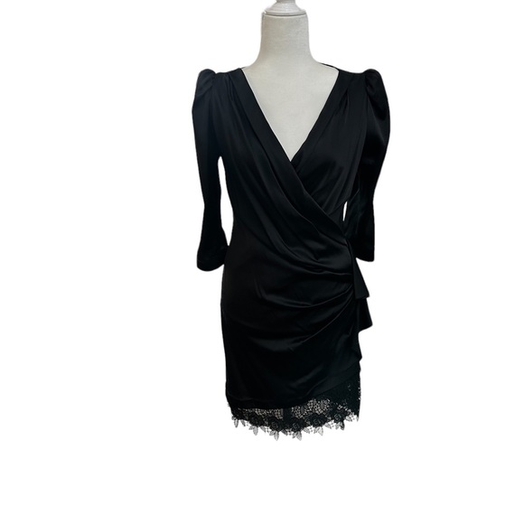 Yoana Baraschi Black Faux Wrap Silk Blend Dress with Lace - Picture 3 of 9